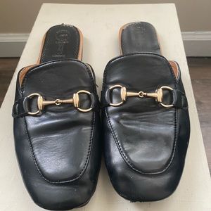 Black Faux Leather Loafer Mules with Gold hardware- Women's Size 250